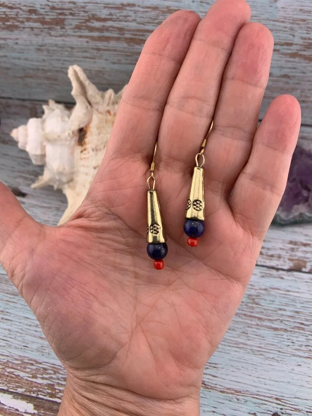 Blue Lapis Red Bead Brass Handmade Handcrafted Earrings LR160